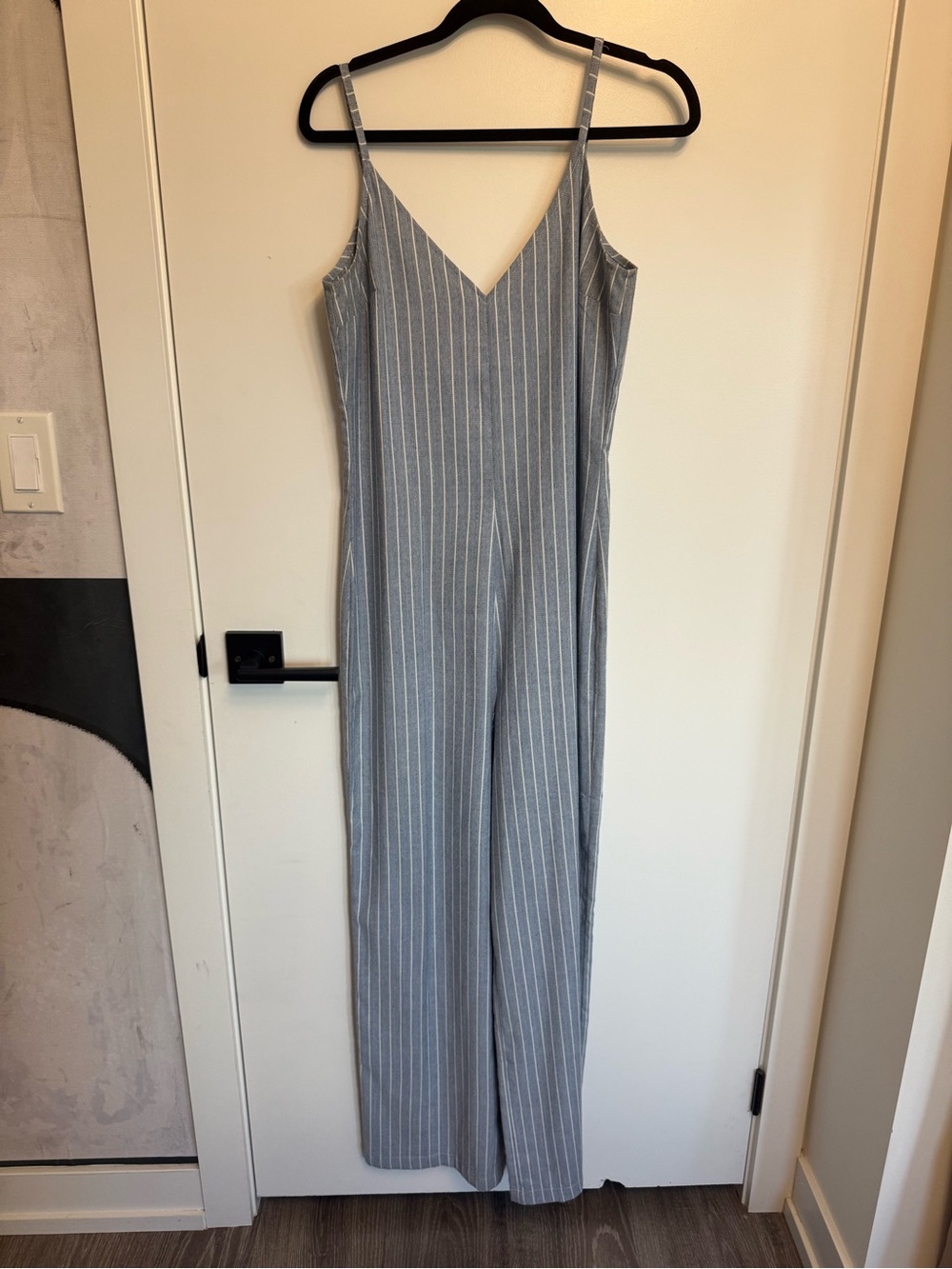 Striped Gray V-Neck Wide-Leg Jumpsuit
